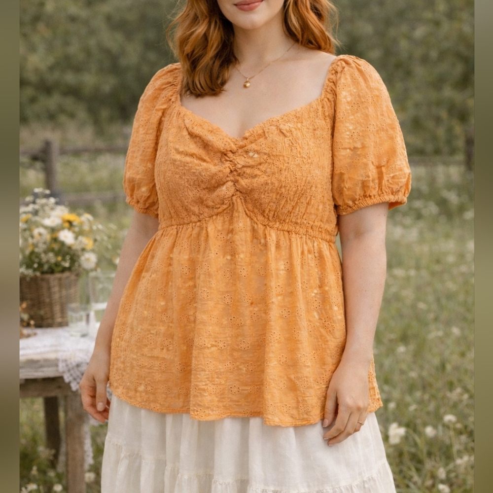 2X Boutique 100% Cotton Eyelet Puff Sleeve Smocked Top | Cottagecore Boho